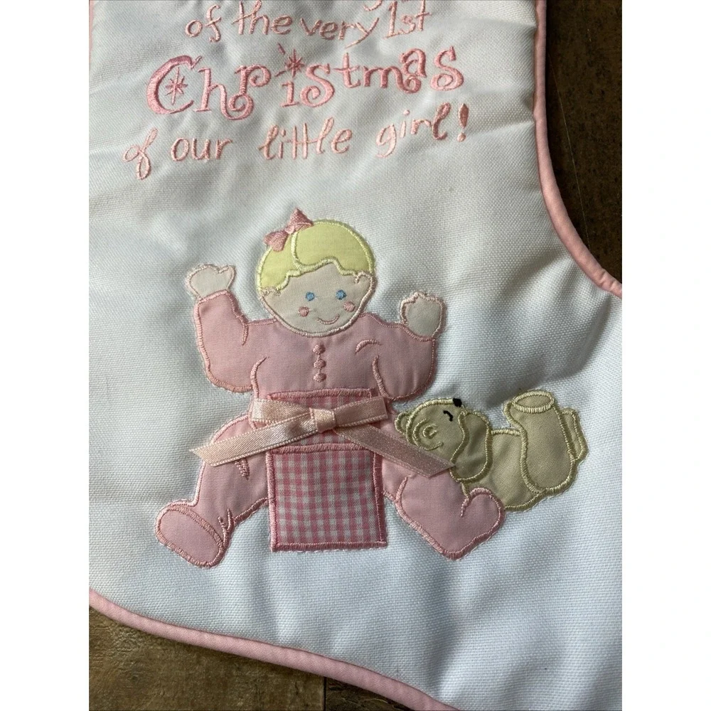LITTLE GIRLS PINK & White 1st Christmas STOCKING Memory Stocking Vintage New‎